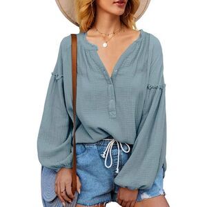 Shemoday Womens Sweatshirt White Oversized V Neck Henley Shirts Button Down Hood